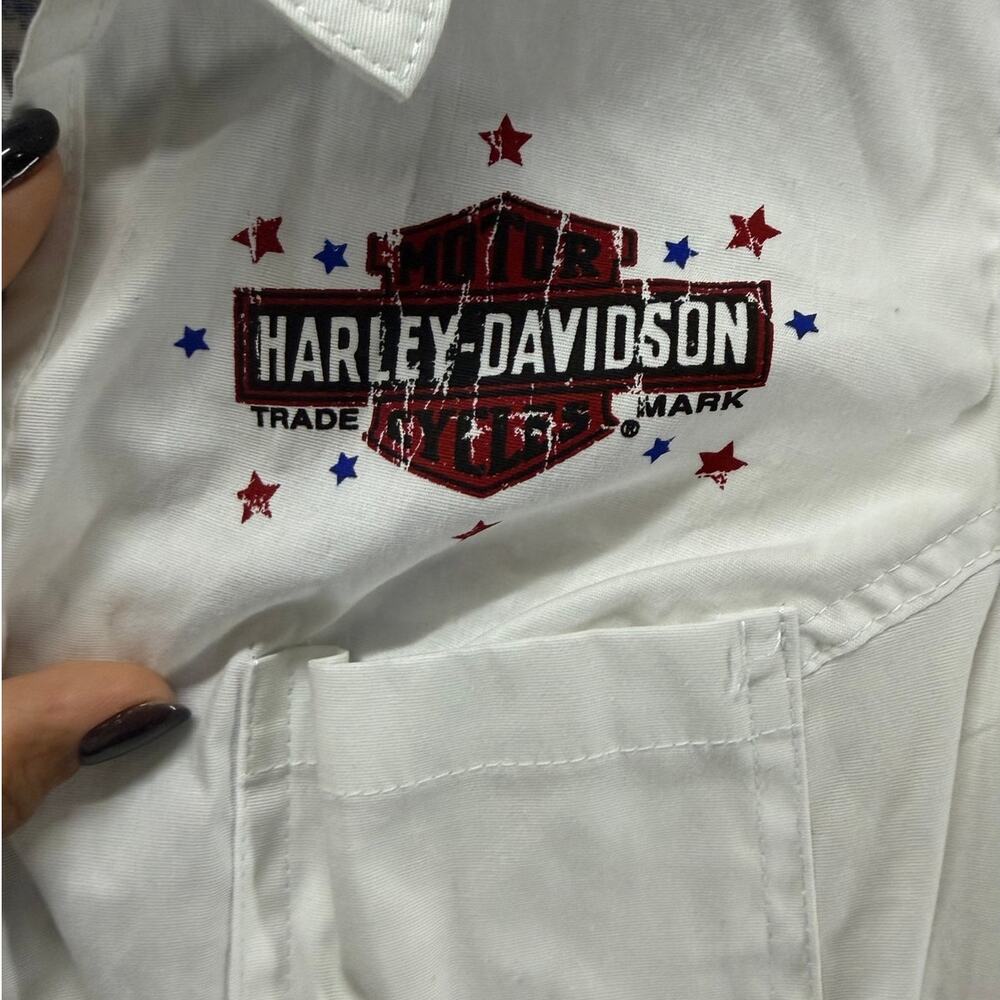 Harley Davidson Women M White Full Zip Sleeveless Shirt front & back Graphics